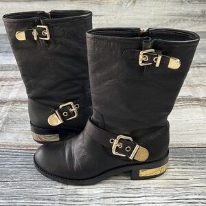 Vince Camuto Winchell Black Leather Boots w/ Gold Buckles Accents Women’s Sz 7.5